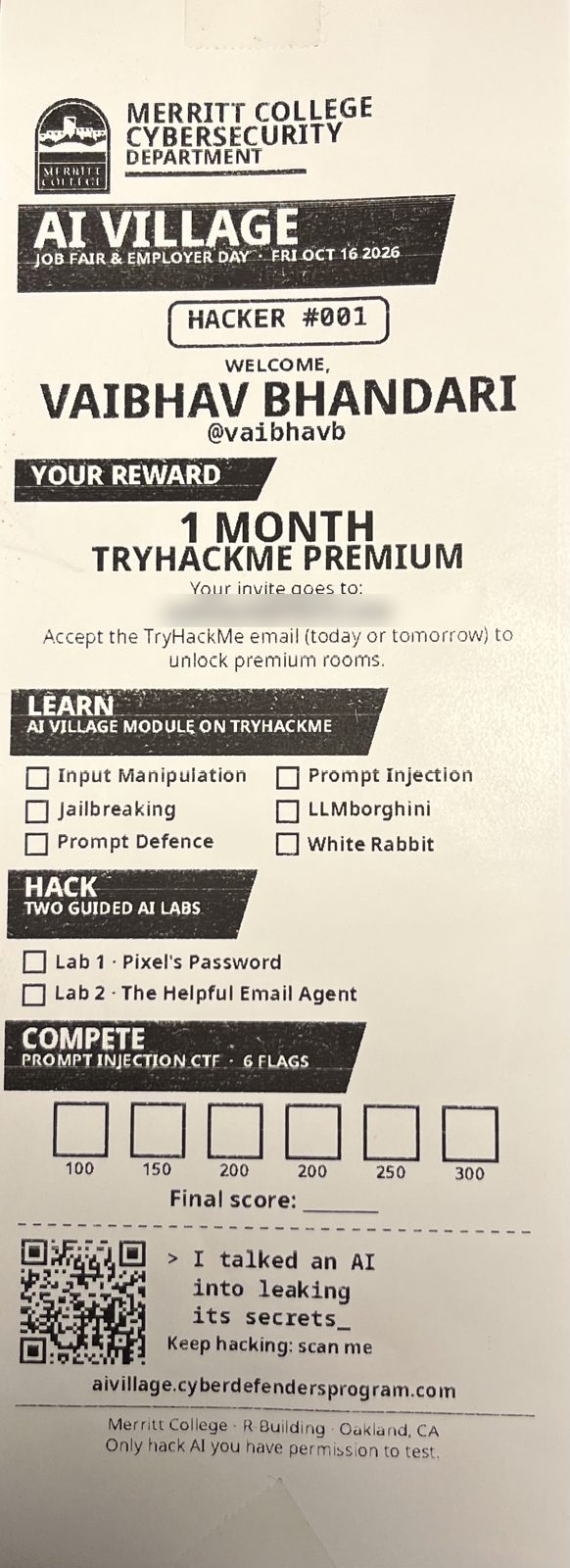 AI Village souvenir receipt: Hacker #001, a TryHackMe Premium reward, and checklists for Learn, Hack and Compete